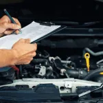 mani di un meccanico scrivono su un blocco poggiato sul motore di un'auto