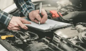 mani di un meccanico scrivono su un blocco poggiato sul motore di un'auto